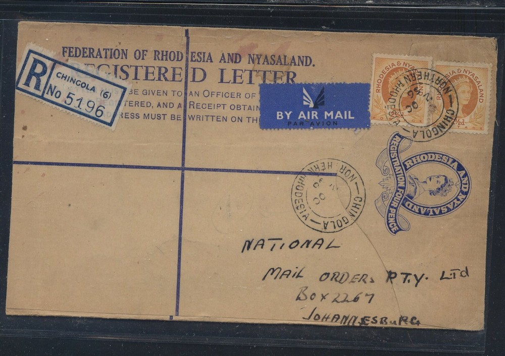 Rhodesia  Nyasaland   post  registered envelope