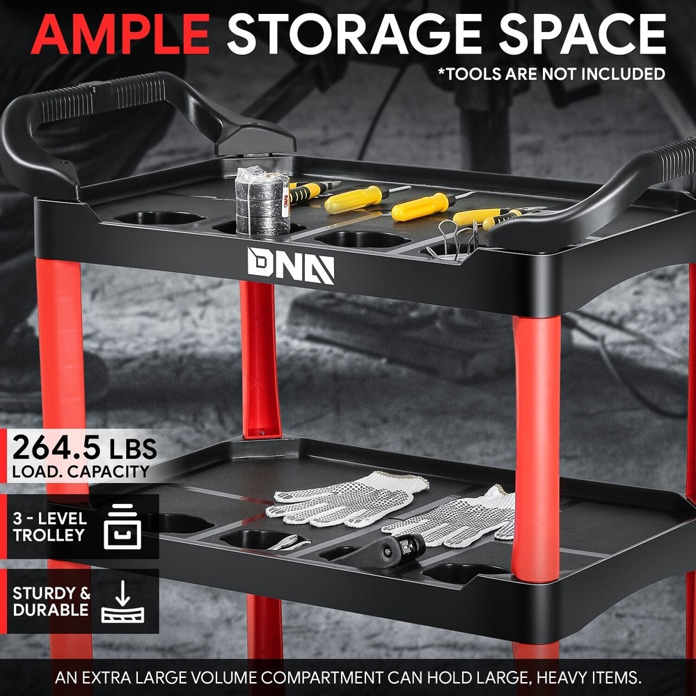 Red 3 Level Composite Workshop Tools Trolley+Casters for Warehouse Garage Office