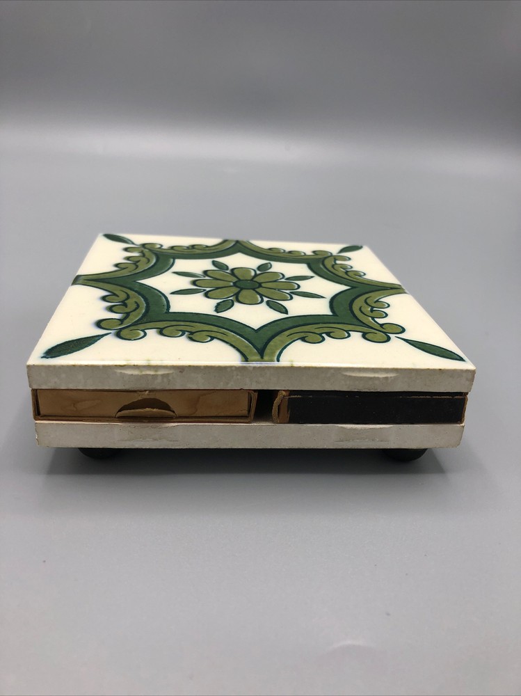 Ceramic Tile Quad Matchbox Holder & Coaster Art Hand Pattern Original Vintage