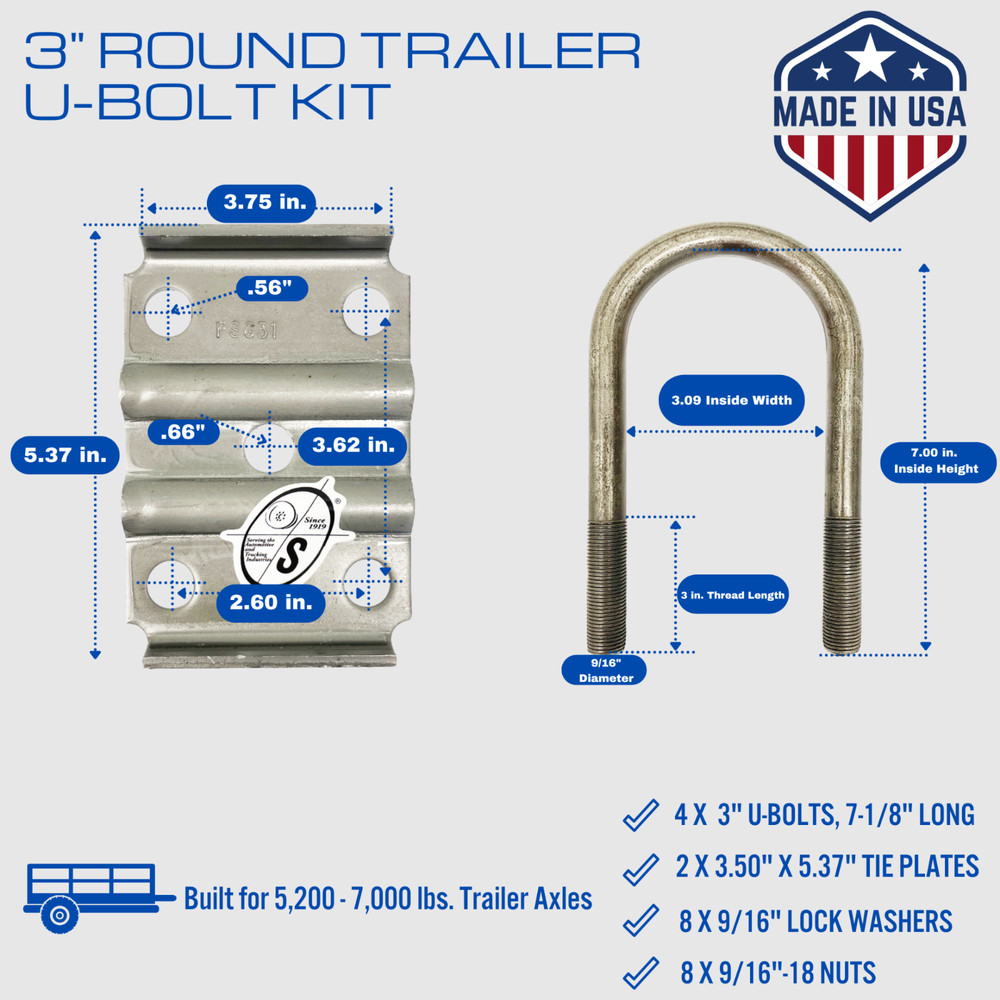 USA Made 7,000 lbs. Tandem Trailer Axle Kit (Leaf Springs, Hanger & U-Bolts)