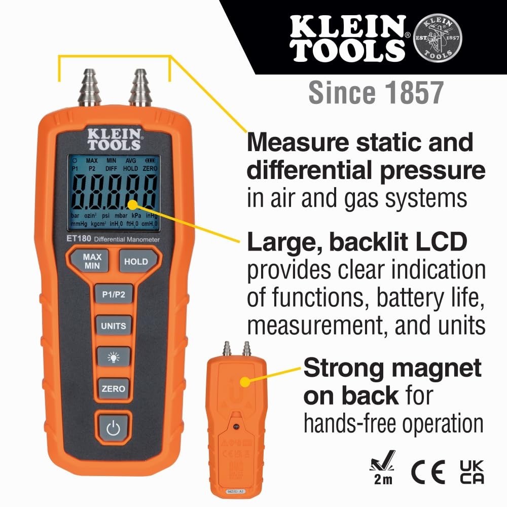 Compact Differential Digital Manometer - Large Backlit Display for Easy Readings
