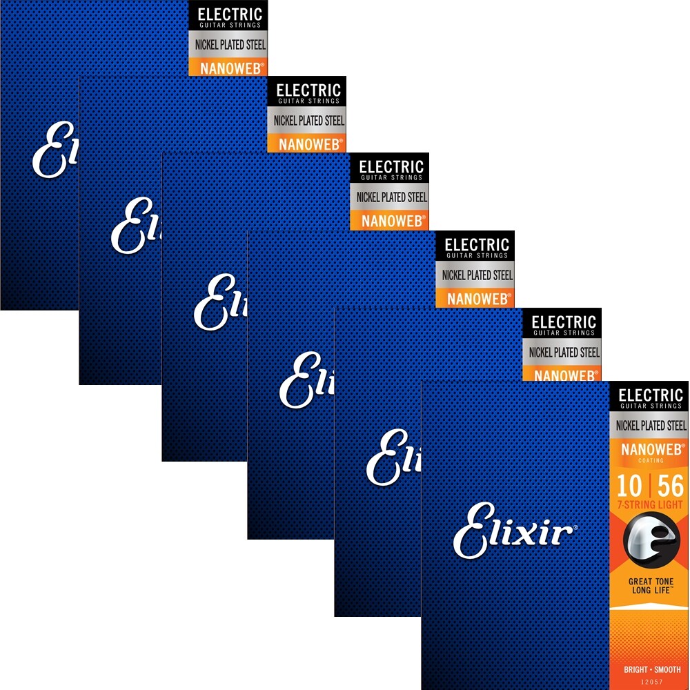 6 Sets of Elixir 12057 Nanoweb 7-String Light Electric Guitar Strings (10-56)