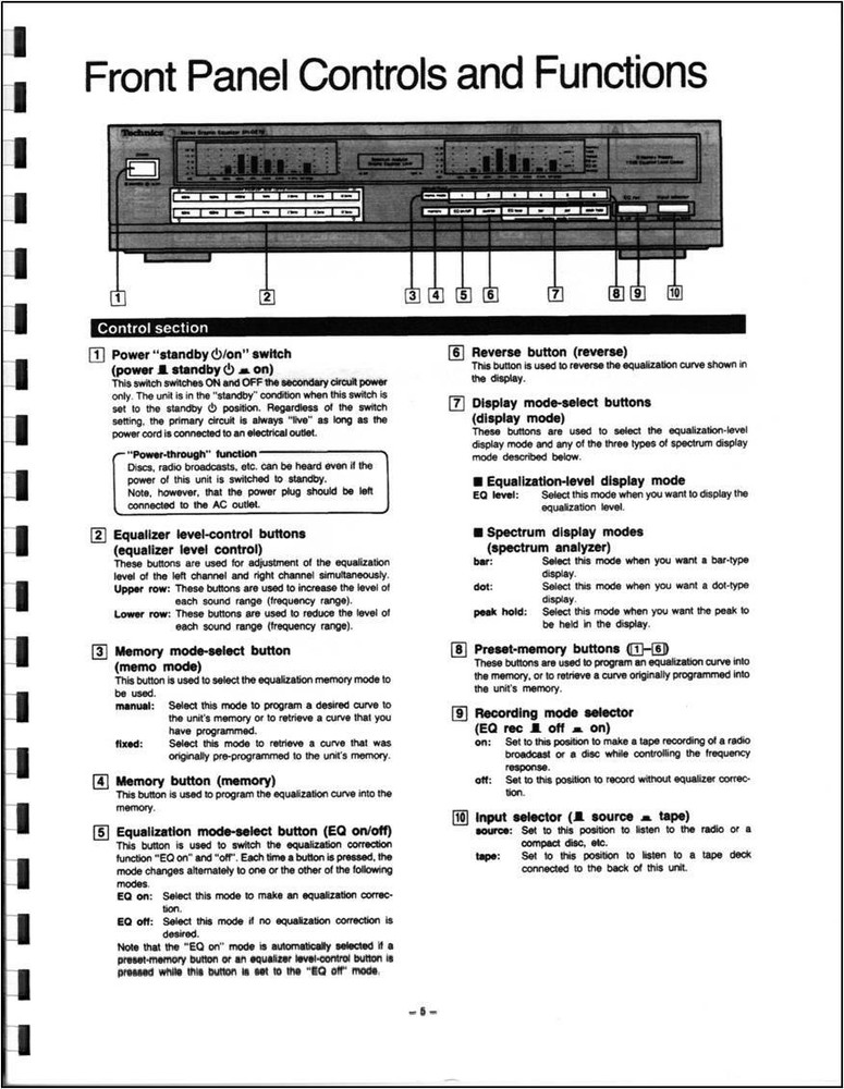 Technics SH-GE70 Graphic Equalizer Owners Manual - Operating Instructions