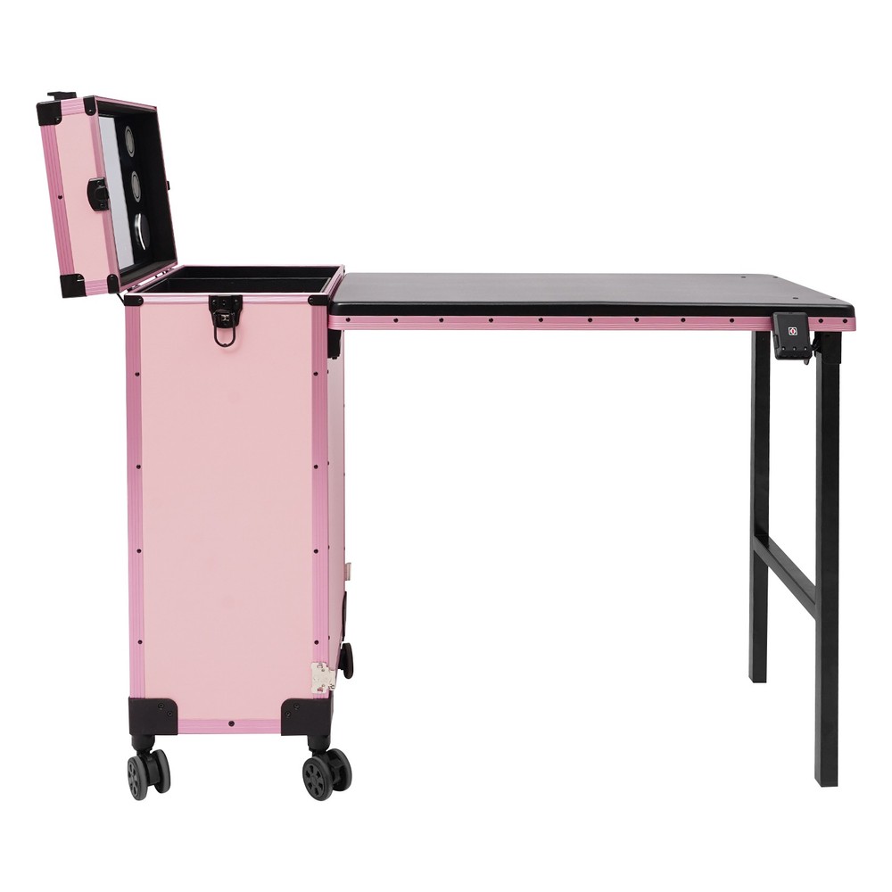 Rolling Makeup Case With Mirror Light Bluetooth Speaker Black Pink Lockable