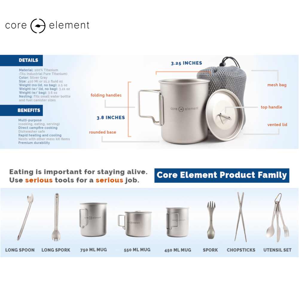 2-PACK 100% Titanium Nesting Cookware Set Mug 15oz 450ml + 25oz 750ml Cup Mug