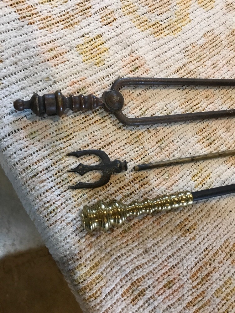 Three pieces Antique fireplace tools poker Tong Fork