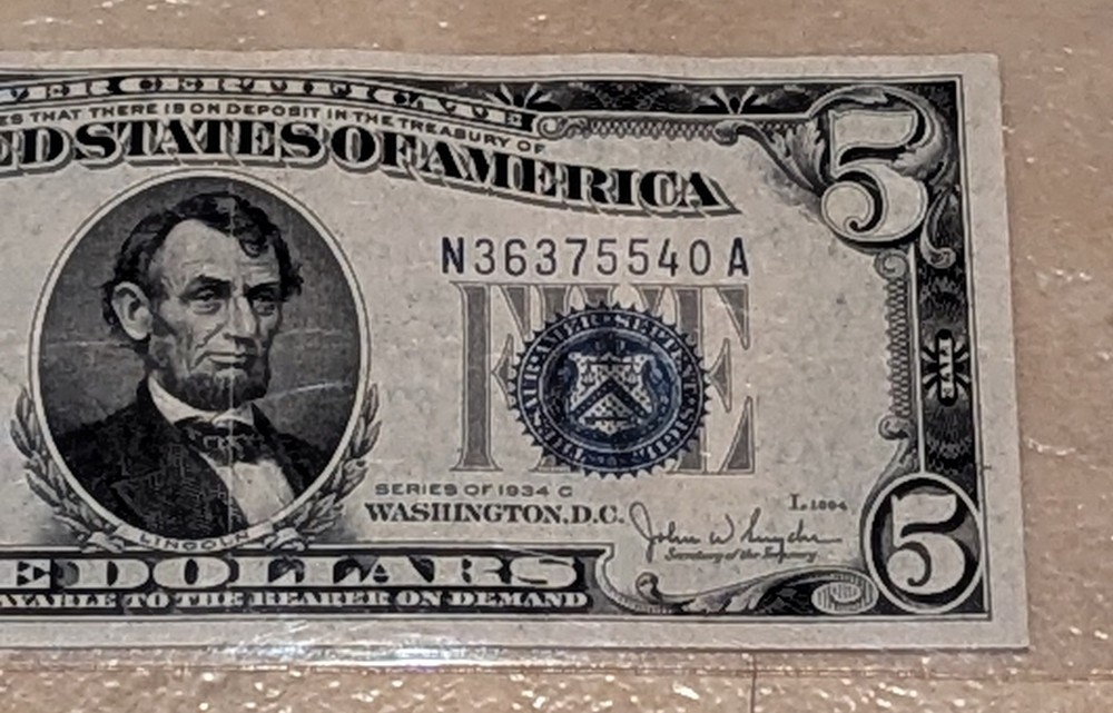 $5 1934-C Five Dollar Note Bill Silver Certificate!!!!!!540