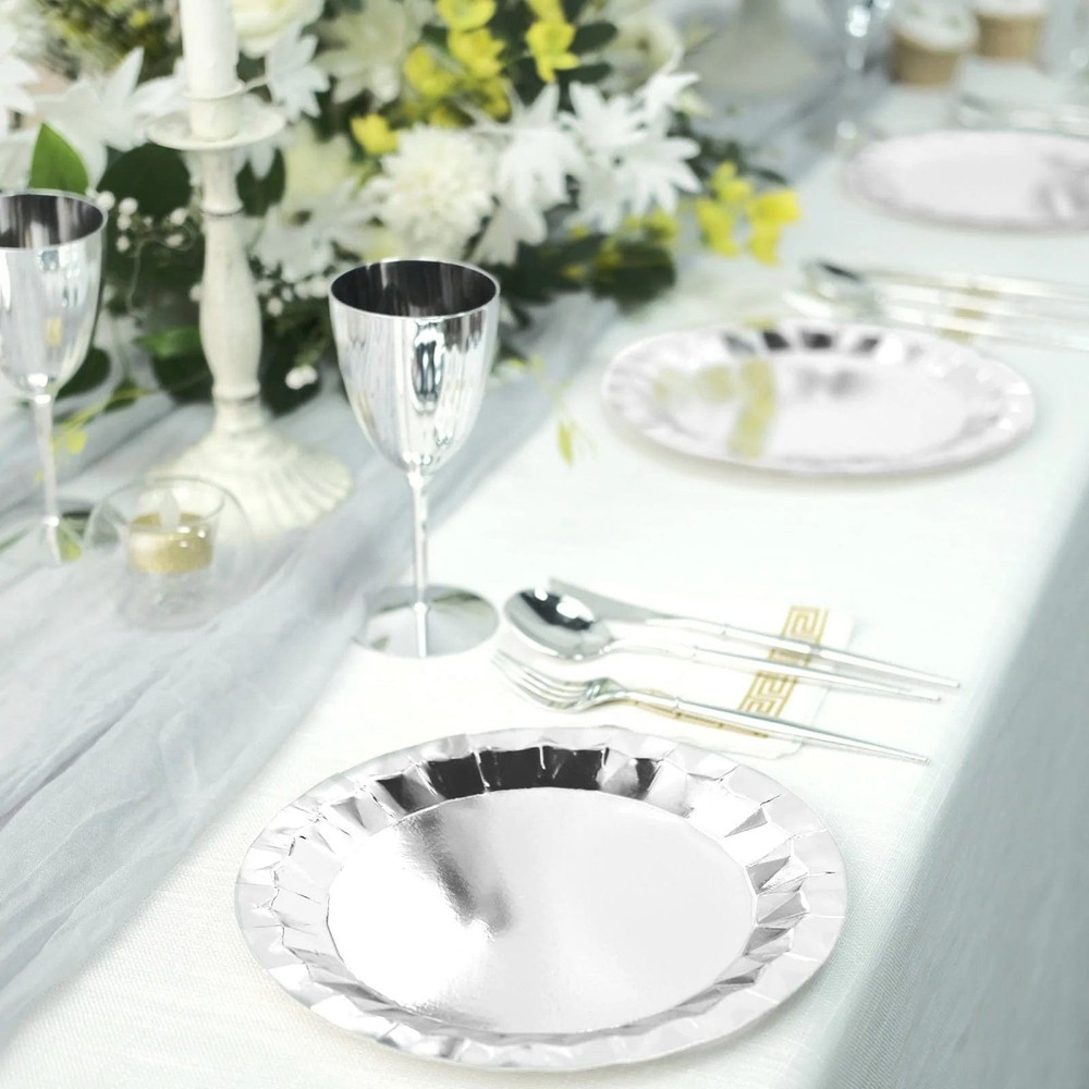 25 SILVER 9" Metallic Round Paper Salad Dinner Plates Geometric Design Tableware