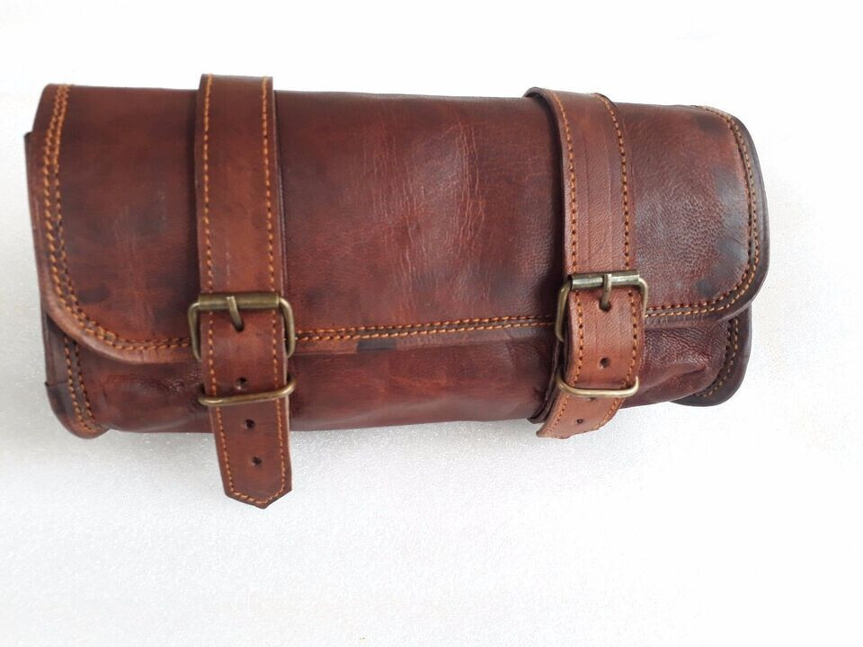 Motorcycle Goat Leather Black Front Fork Luggage Saddle Bag Storage Tool Pouch