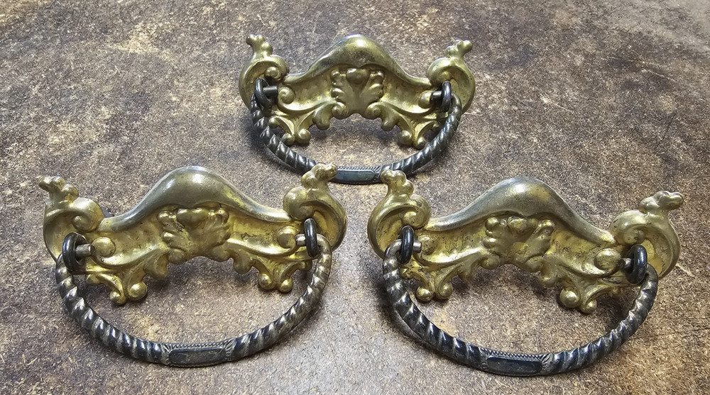 3 Antique Stamped Brass Drawer Pulls Handles Back Plates