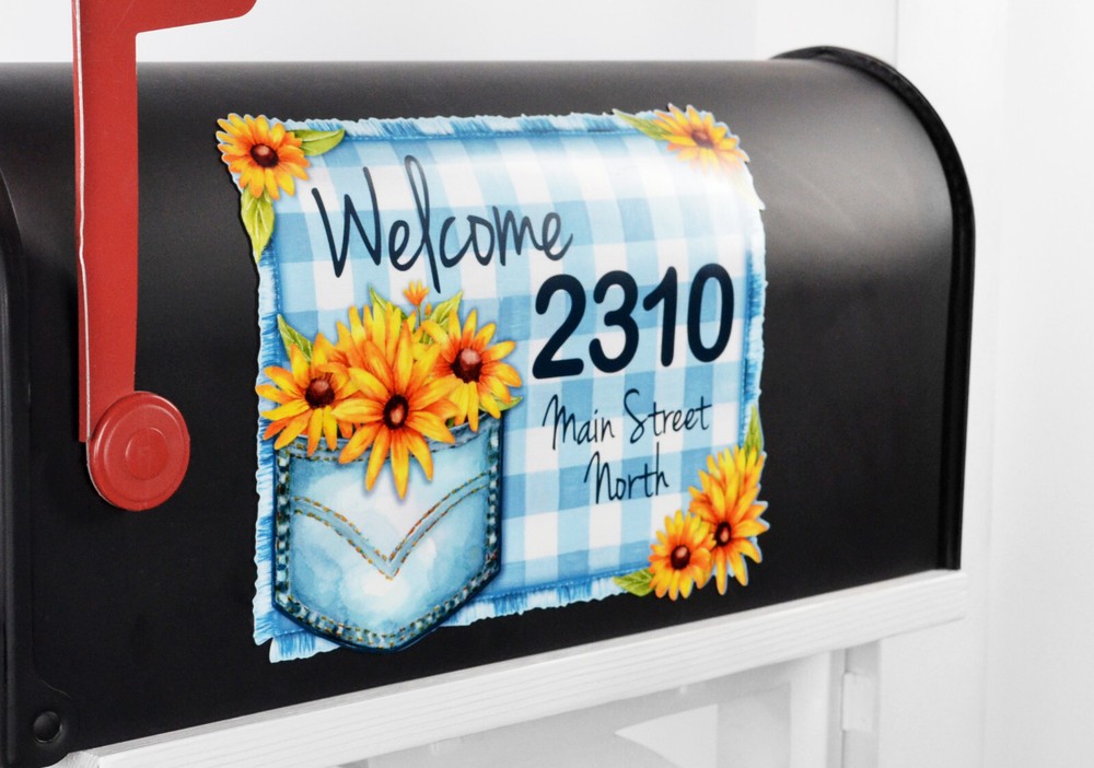 Mailbox Magnet Partial Cover Blue White Gingham Check Frayed Personalized