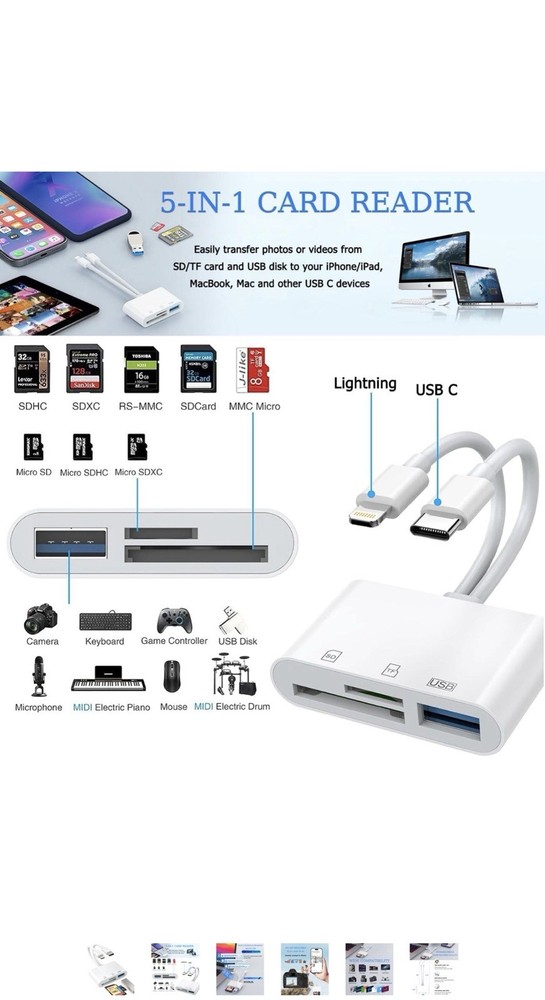SD Card Reader for iPhone, iPad, USB C and Lightning