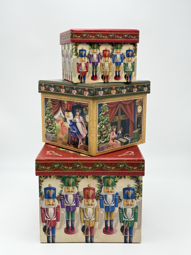 Nutcracker 3-Piece Decorative Nesting Storage Boxes Set w/ Trays Christmas