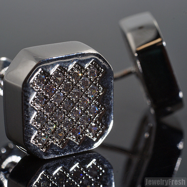 Hexagon Micro Pave CZ Silver Mens Stud Earrings