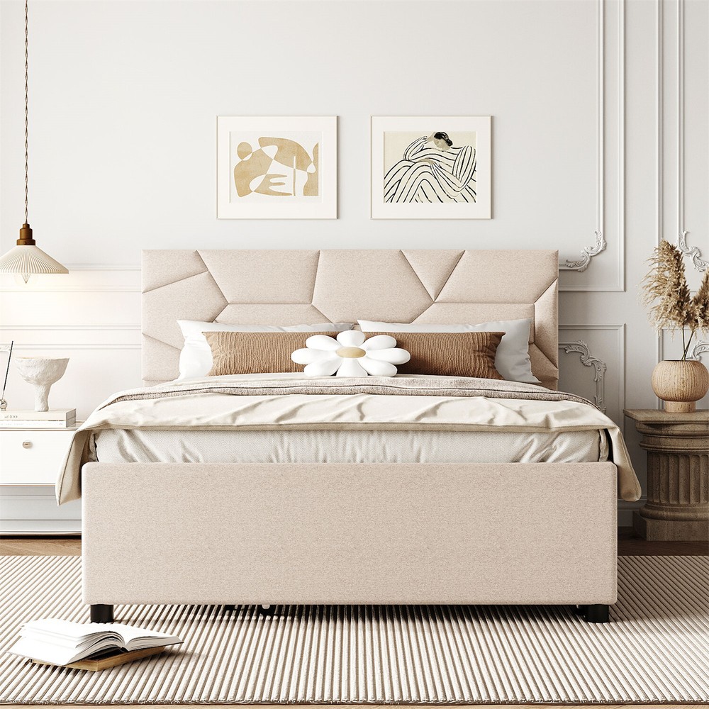 Full/Queen Size Bed Frame Upholstered Platform Bed w/ Headboard Beige/Gray US