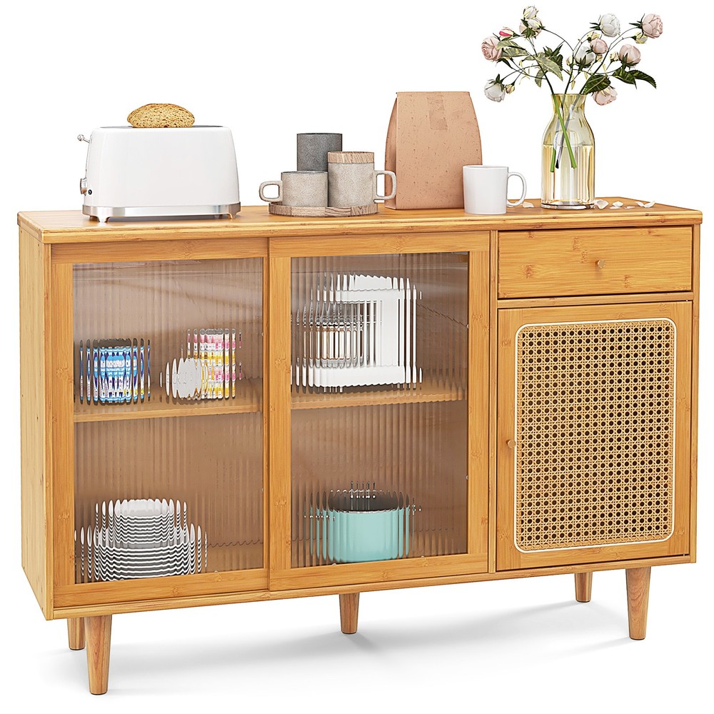 Buffet Sideboard Cabinet Rattan Console Table with Sliding Doors Storage Drawer