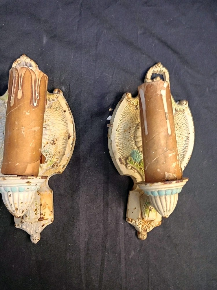 Antique Pair Single Arm Wall Sconces Original Paint Cast Iron