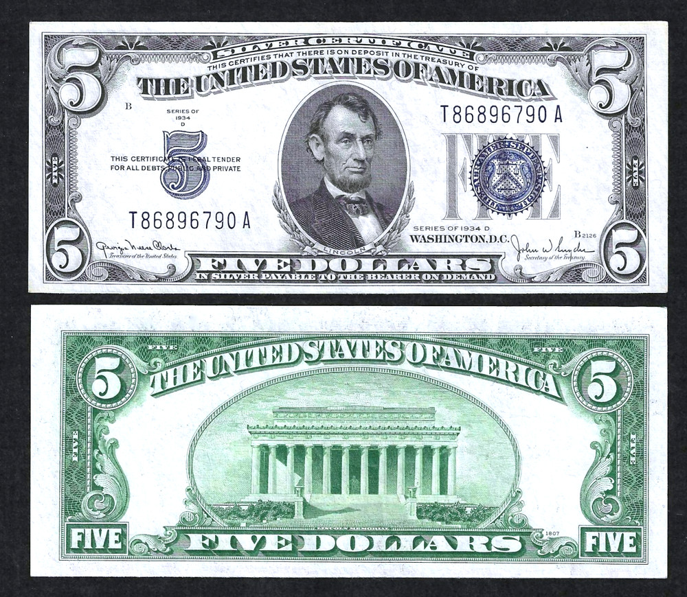 1934-D $5 SILVER CERTIFICATE - GEM CRISP UNCIRCULATED