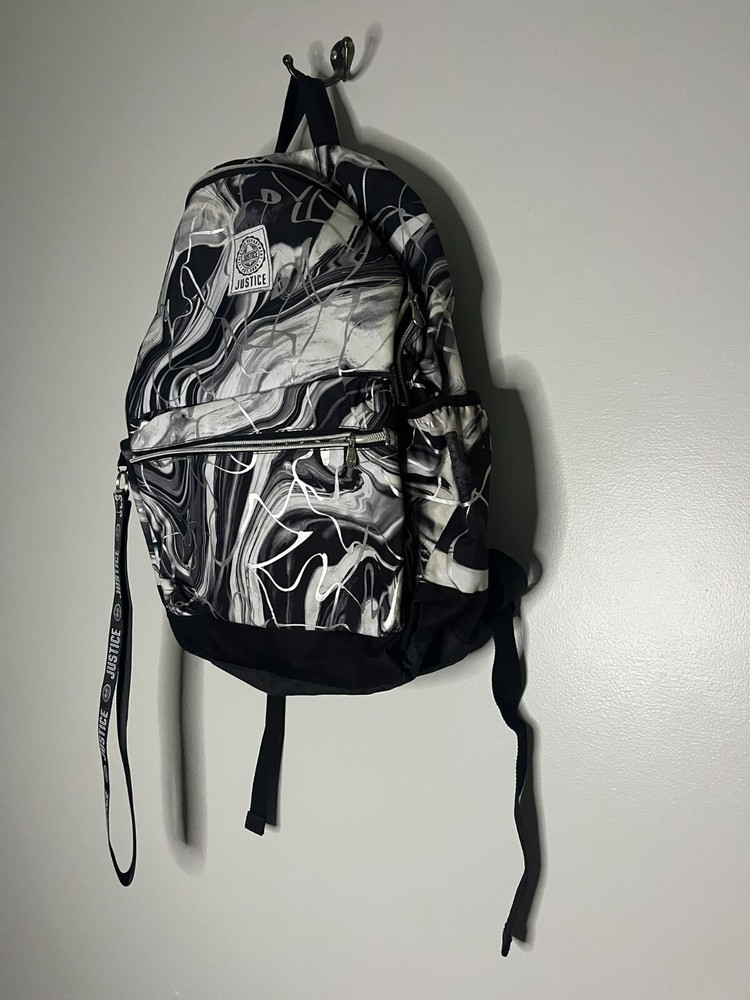 Justice Black Marble Pattern with Tech Pocket & Lanyard 17" Backpack Girls