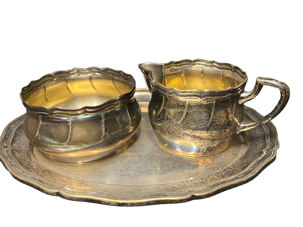 Silver Plate Cream and Sugar with Serving Platter AS IS