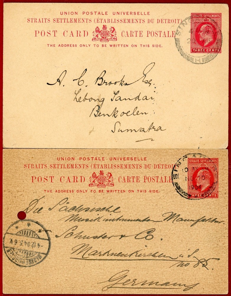 Straits Settlements 1904, 1914, 3c KEVII Postal Card to Germany & Sumatra