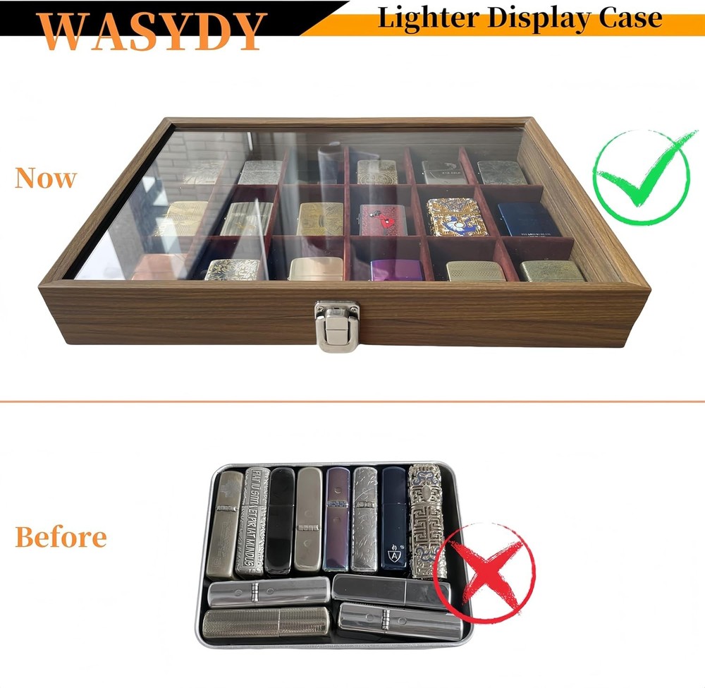 Zippo Lighter Display Case，Zippo Lighter Case With Glass Top&Lock,18 Capacity