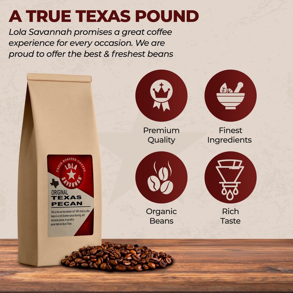 Texas Pecan Whole Bean Caffeinated Coffee, 1lb