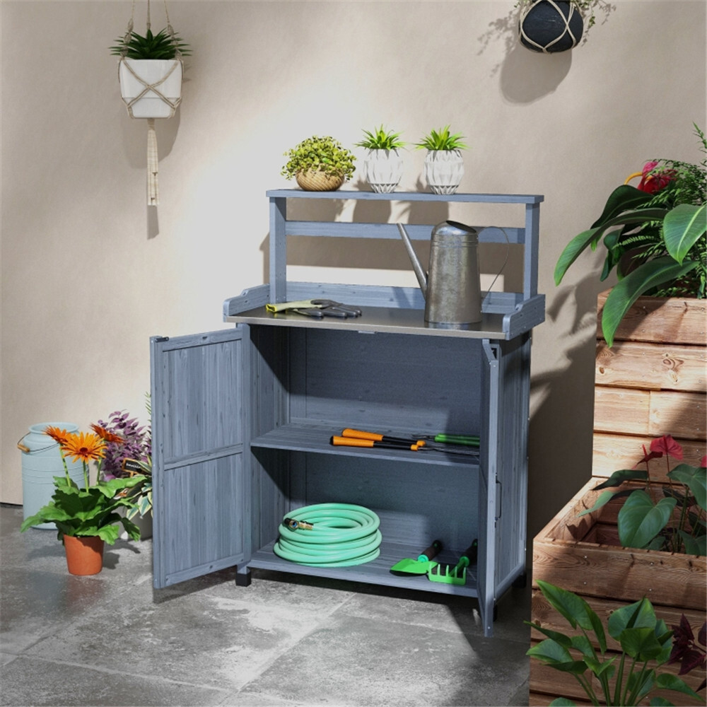 Potting Bench with Storage Cabinet Gray