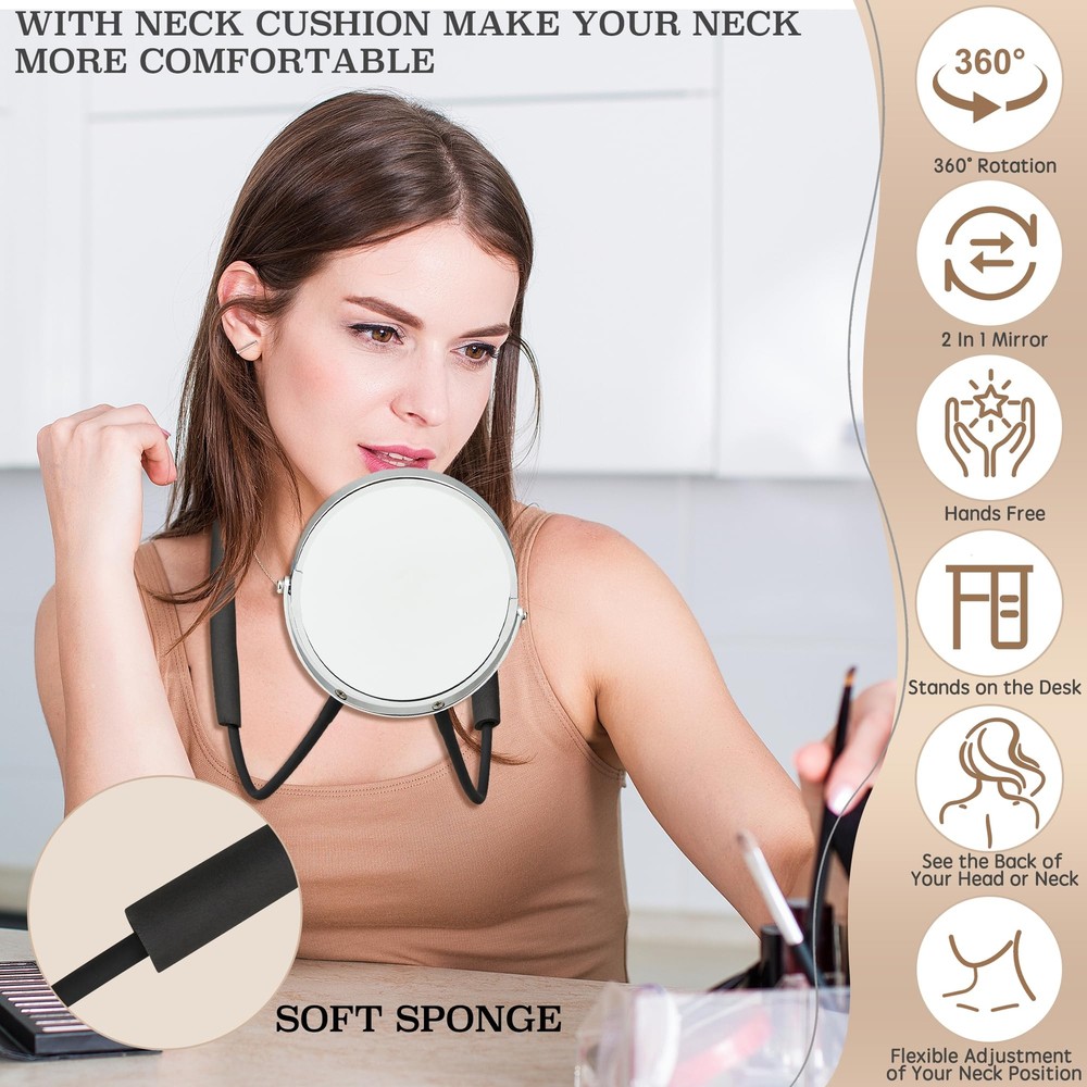Double Sided Mirror 360 Rotating Hands Free Adjustable Neck Strap Standard & ...