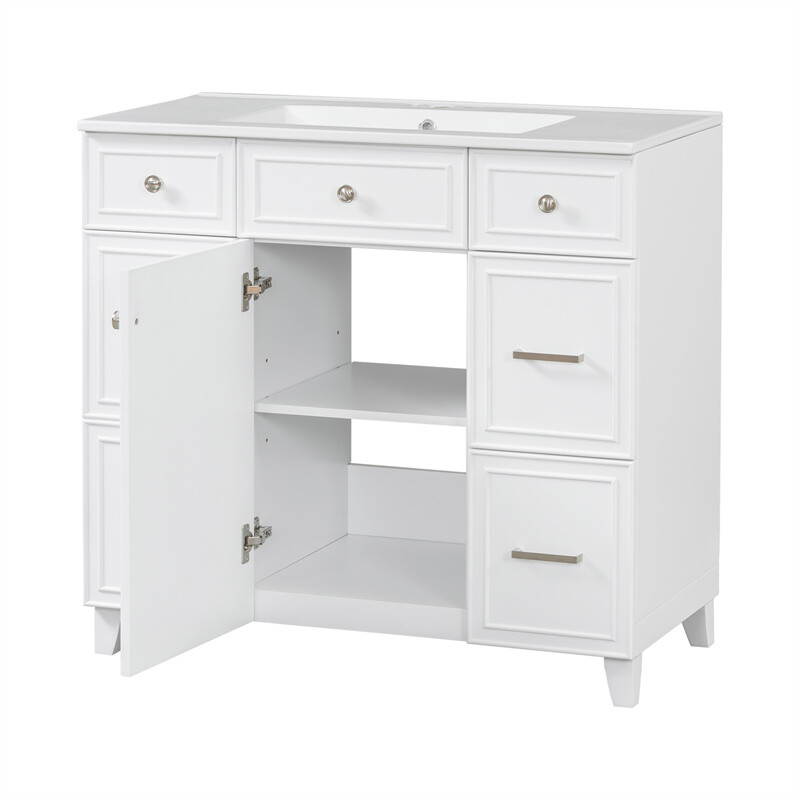 36" White Bathroom Vanity Set,Solid Wood Frame w/Ceramic Sink &Versatile Storage