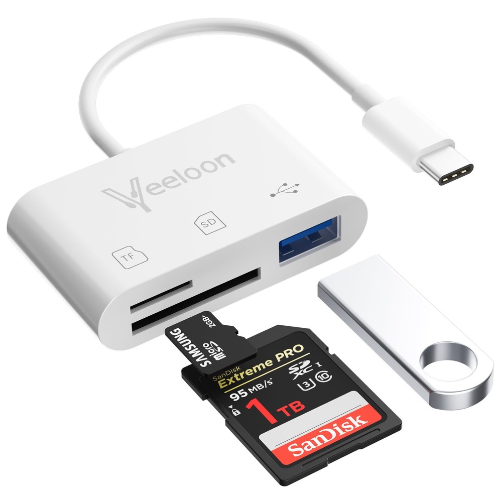 OTG SD Card Reader for iPhone 17/16,3-in-1 Memory with USB White