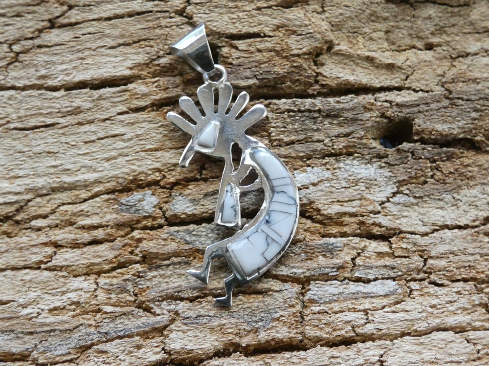 TWO Sided BuffaloTurquoise Multi Gemstone Kokopelli Sterling Silver Pendant AE90