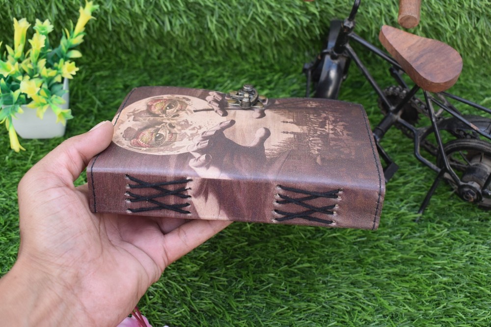 Wicca Moon Magic Witchcraft printed leather journal Deckle edge notebook 7x5"