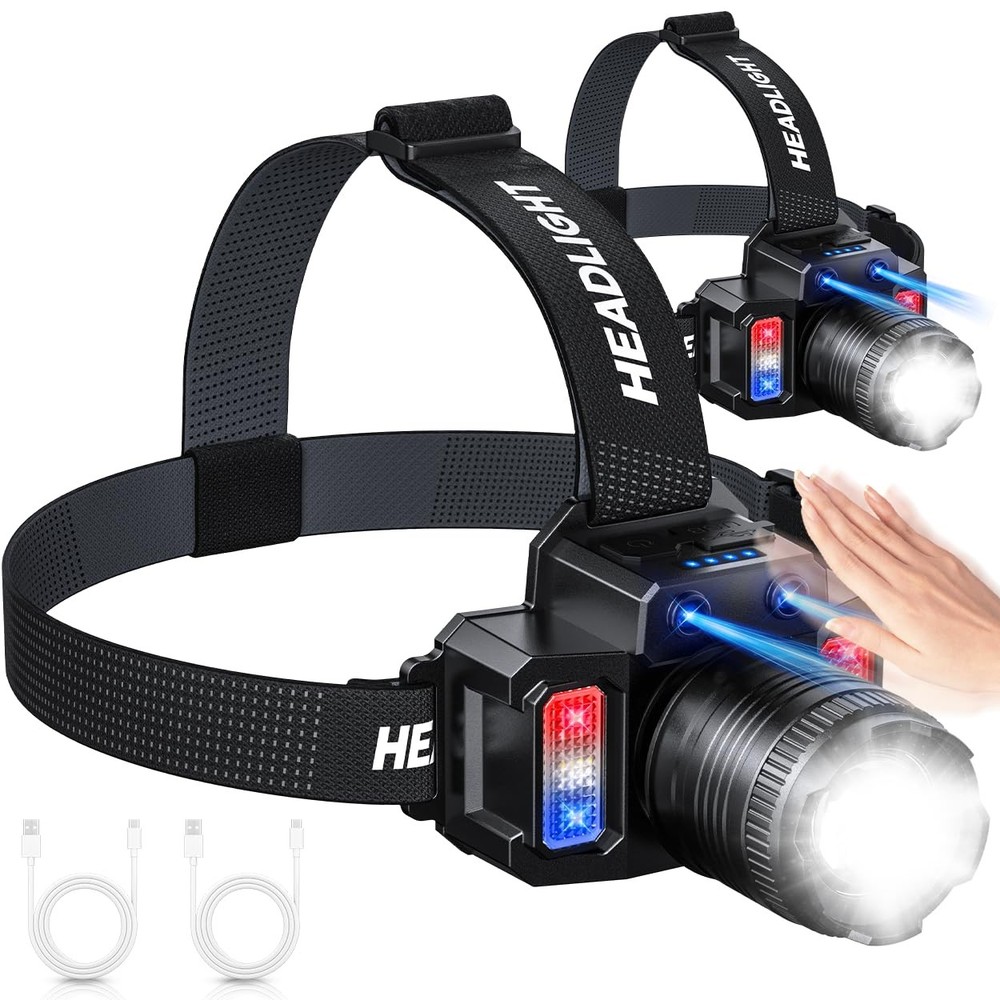 Headlamp Rechargeable 2 Pack, Motion Sensor Super Bright LED Black