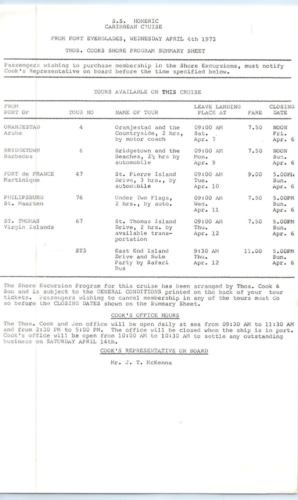 SS HOMERIC Home Lines Cruise Shore Excursion Program Itinerary April 4th, 1973