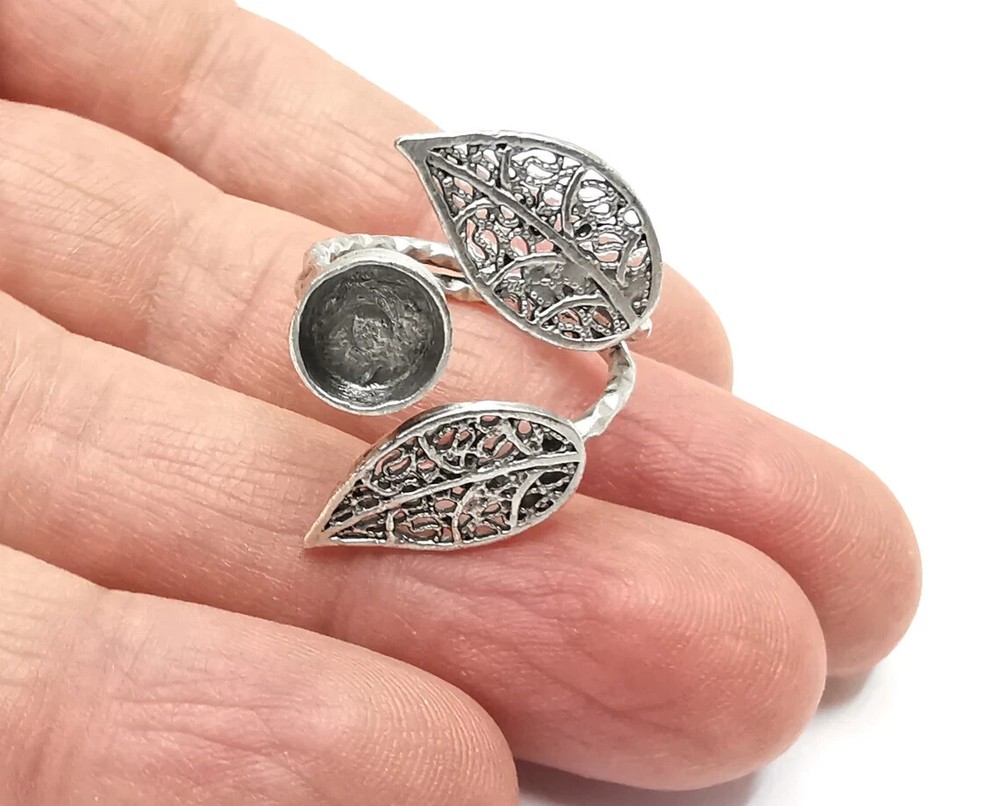 Leaf Ring Setting Blank Cabochon Mounting Adjustable Base Bezel Antique Silver