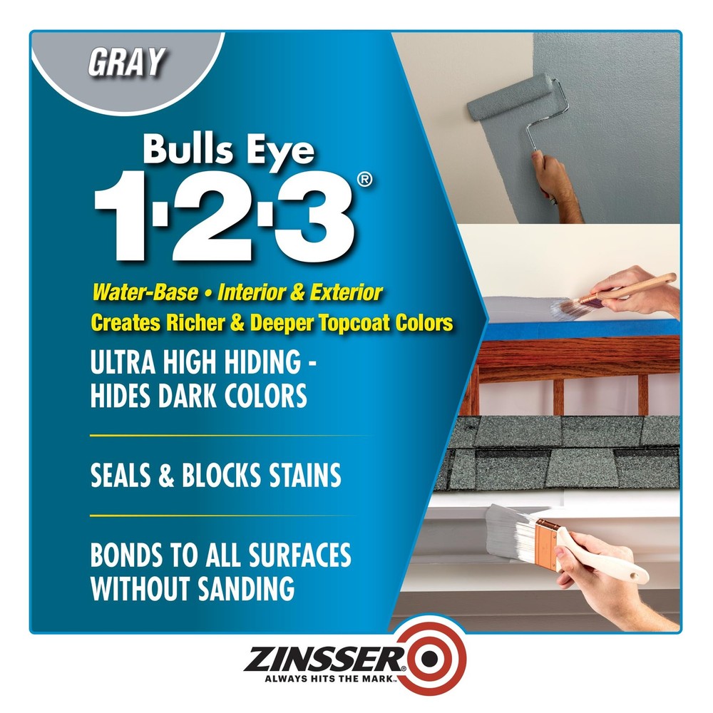 286258 Bulls Eye 1-2-3 All Surface Primer, Quart, Gray