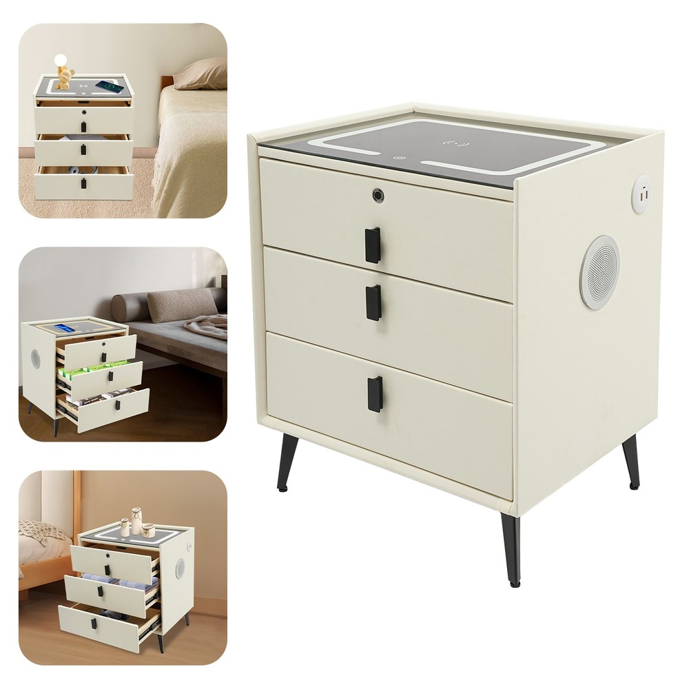 Bedside End Table Bedroom Nightstand with 3 Drawers & Fingerprint Lock