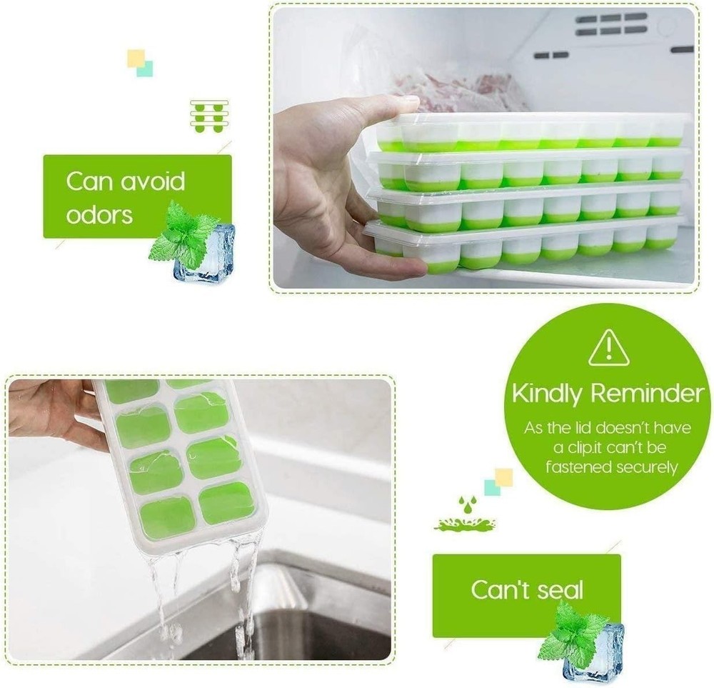 Ice Cube Tray, 4 Pack Silicone Ice Tray, 14 Ice Cube Molds with Lids, Stackable
