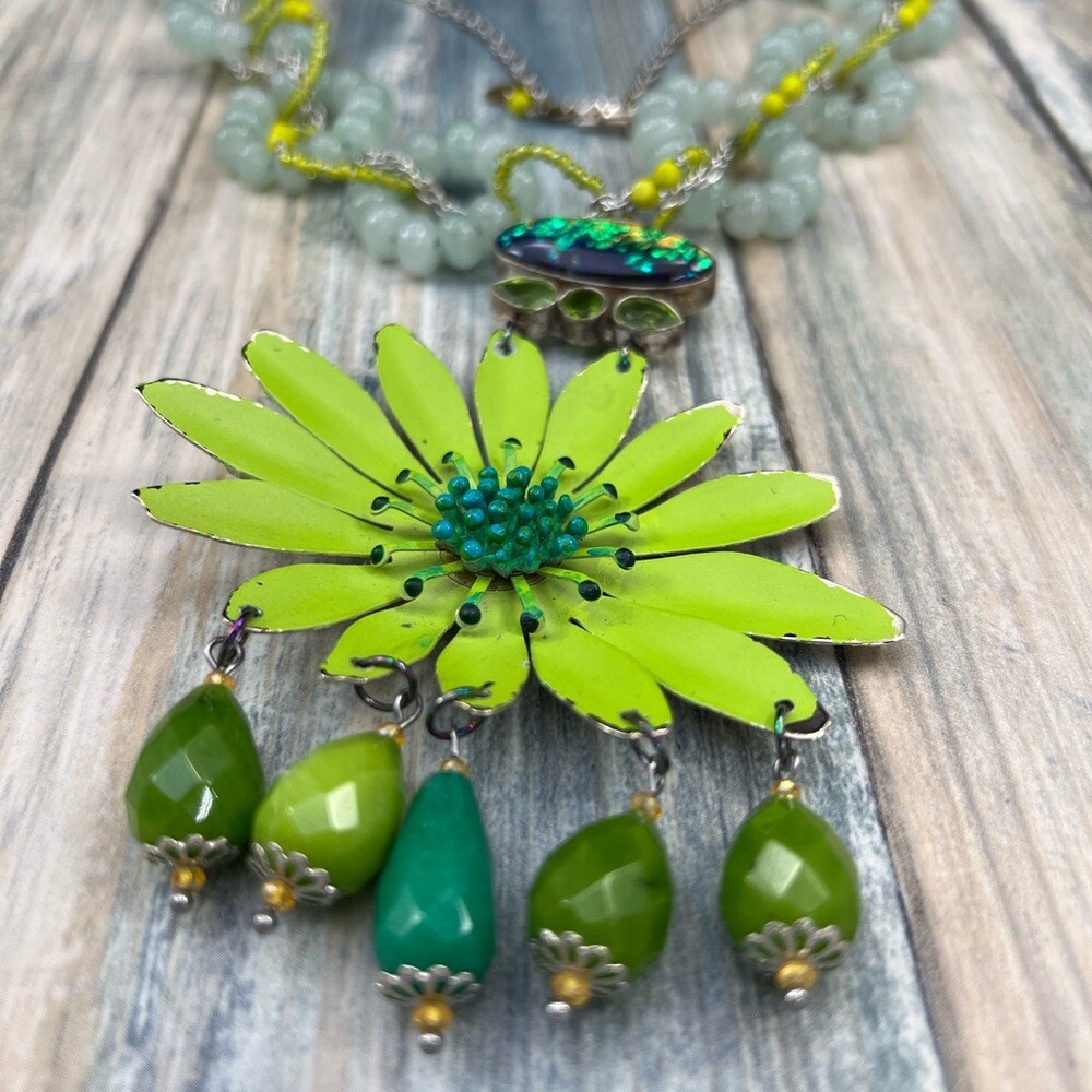 Adorned Crown Artisan Assemblage green enamel flower jade circle necklace