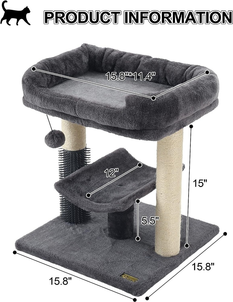 Cat Tree Tower Gray Top Platform Scratching Post Perch Self Groomer - Gray