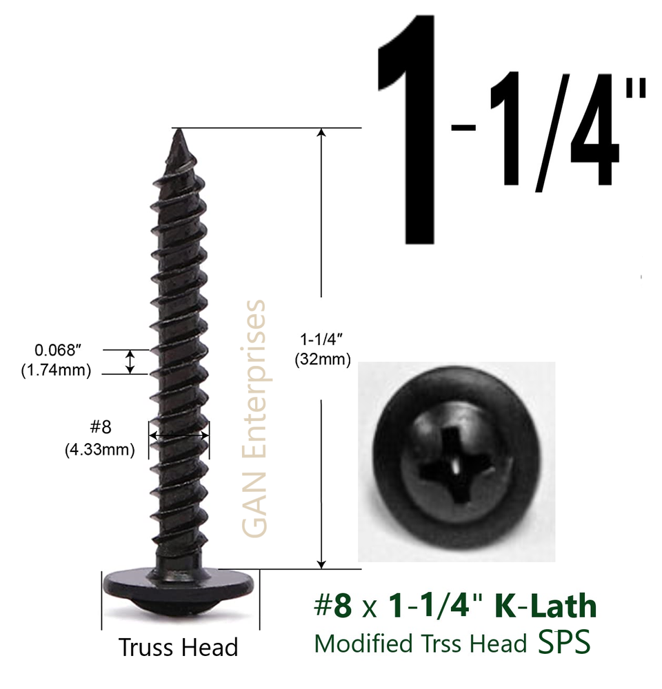 Modified Truss Head Self piercing sharp point Screws #8x 1/2"- 3" K-Lath Black
