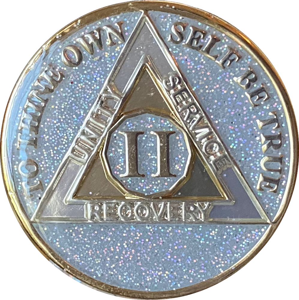 2 Year AA Medallion Opal Silver Glitter Tri-Plate Sobriety Chip