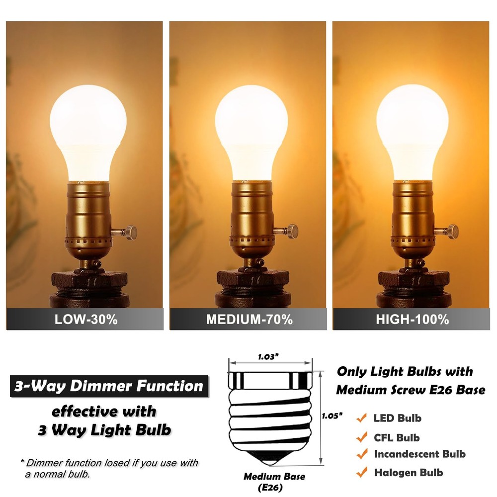 3 Way Lamp Socket with Twist Switch,E26 Standard Medium Screw Light Bulb Sock...