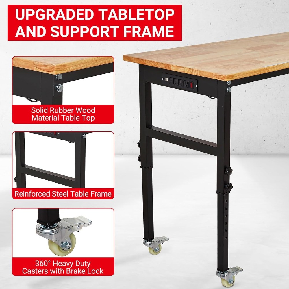 60'' Adjustable Workbench with Power Outlet Heavy Duty Work Table for Workshop