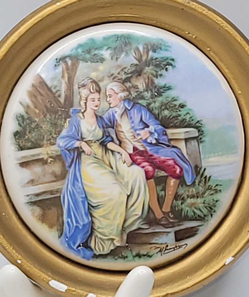Victorian Hand Painted Courting Scene Tile • Chalkware Frame Wall Plaque •Signed