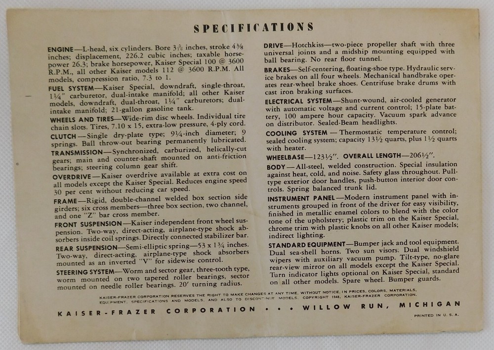 Kaiser Sedan 1949 Brochure 6"x8"