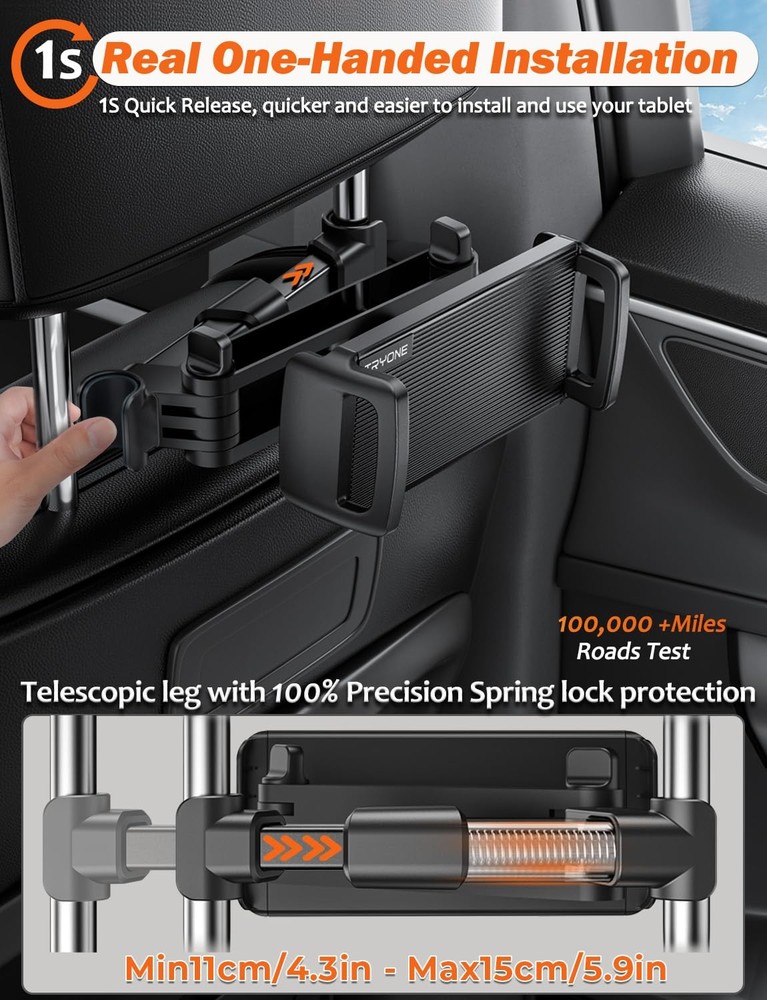 Tryone Car Headrest Tablet Holder Mount Stretchable Backseat Tablets Black