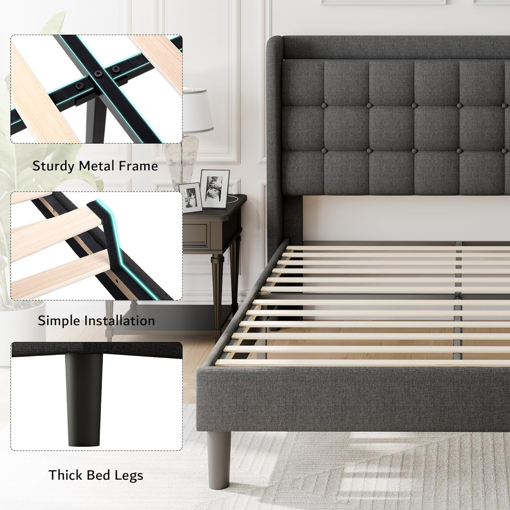 Ipormis Full Size Upholstered Platform Bed, Button Tufted Wingback Bed Frame wit