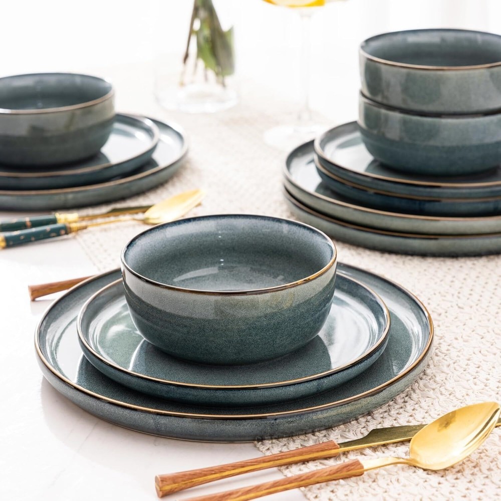 Ceramic Dinnerware Sets for 4 12 Pieces Stoneware Plates Bowls Sets Space Blue